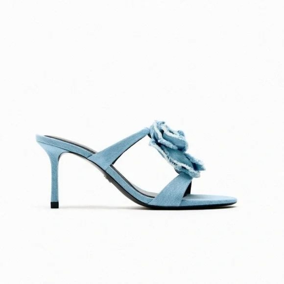 ZARA FLORAL HIGH HEELED DENIM SANDALS - Picture 3 of 6